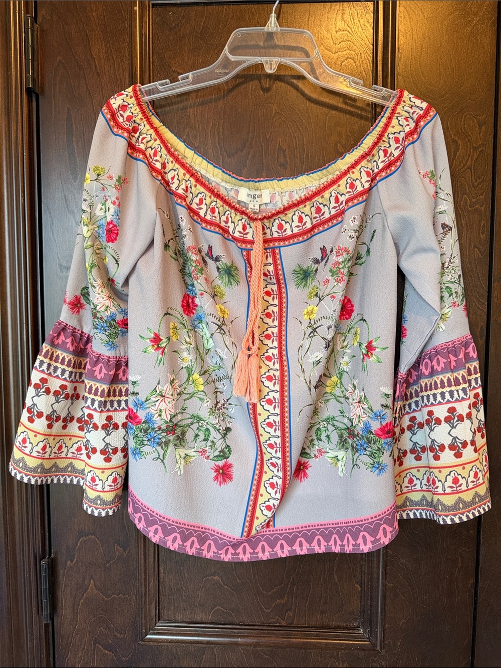 Umgee Gray Embroidered Floral Peasant Tunic with Tassel Tie